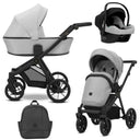 Kombikinderwagen in drei Ansichten: links Seitenansicht mit Babywanne, rechts Frontansicht mit Sportsitz, unten Vorderansicht eines passenden Rucksacks, rechts oben Ansicht eines passenden Autositz dazu.