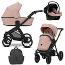 Kombikinderwagen in drei Ansichten: links Seitenansicht mit Babywanne, rechts Frontansicht mit Sportsitz, unten Vorderansicht eines passenden Rucksacks, rechts oben Ansicht eines passenden Autositz dazu.