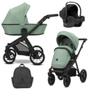 Kombikinderwagen in drei Ansichten: links Seitenansicht mit Babywanne, rechts Frontansicht mit Sportsitz, unten Vorderansicht eines passenden Rucksacks, rechts oben Ansicht eines passenden Autositz dazu.
