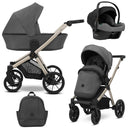 Kombikinderwagen in drei Ansichten: links Seitenansicht mit Babywanne, rechts Frontansicht mit Sportsitz, unten Vorderansicht eines passenden Rucksacks, rechts oben Ansicht eines passenden Autositz dazu.