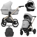 Kombikinderwagen in drei Ansichten: links Seitenansicht mit Babywanne, rechts Frontansicht mit Sportsitz, unten Vorderansicht eines passenden Rucksacks, rechts oben Ansicht eines passenden Autositz dazu.