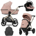 Kombikinderwagen in drei Ansichten: links Seitenansicht mit Babywanne, rechts Frontansicht mit Sportsitz, unten Vorderansicht eines passenden Rucksacks, rechts oben Ansicht eines passenden Autositz dazu.