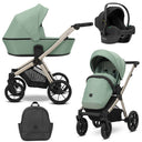 Kombikinderwagen in drei Ansichten: links Seitenansicht mit Babywanne, rechts Frontansicht mit Sportsitz, unten Vorderansicht eines passenden Rucksacks, rechts oben Ansicht eines passenden Autositz dazu.
