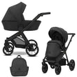 Kombikinderwagen in zwei Ansichten: links Seitenansicht, rechts Frontansicht, unten Vorderansicht eines passenden Rucksacks.