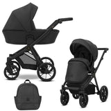 Kombikinderwagen in zwei Ansichten: links Seitenansicht, rechts Frontansicht, unten Vorderansicht eines passenden Rucksacks.
