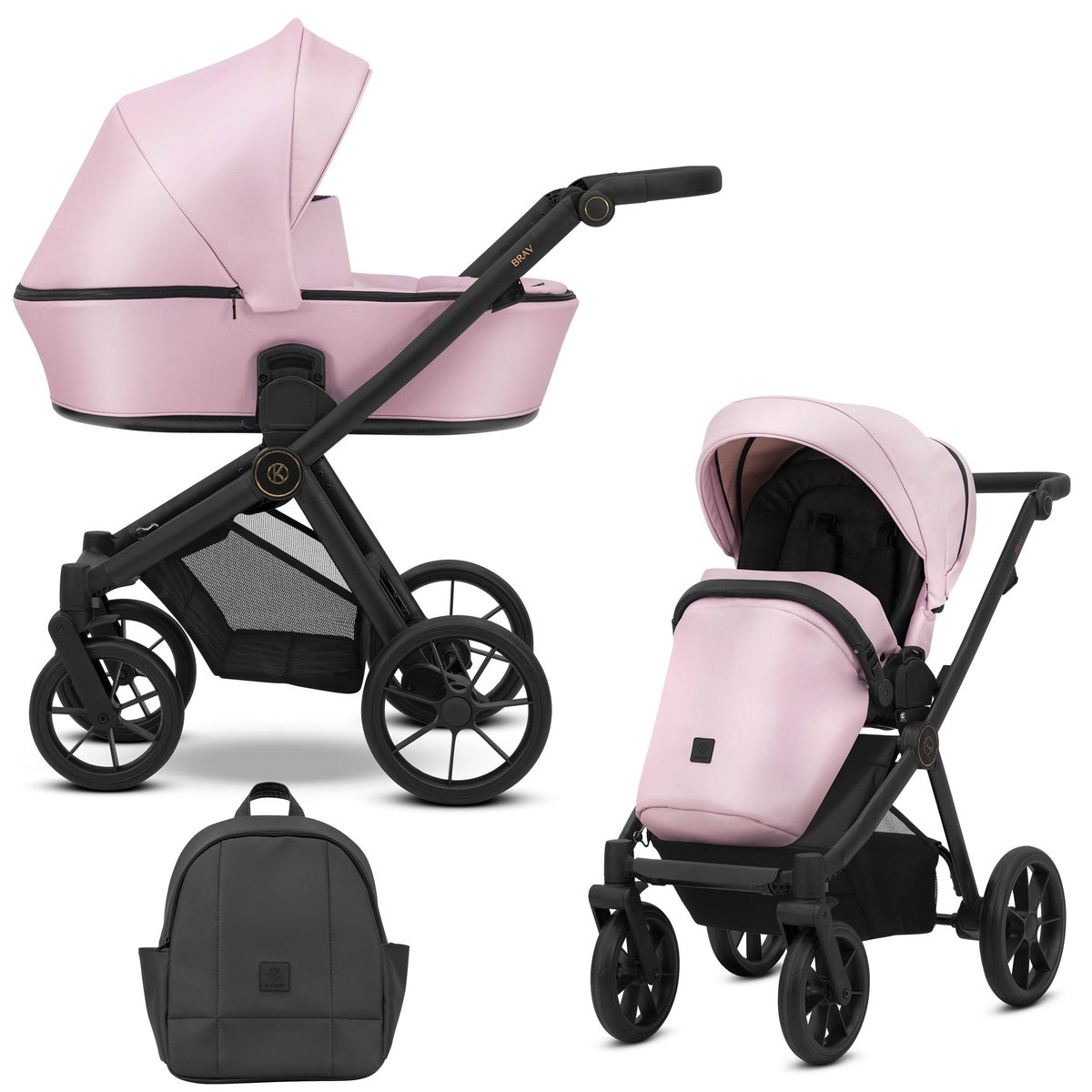 Kombikinderwagen in zwei Ansichten: links Seitenansicht, rechts Frontansicht, unten Vorderansicht eines passenden Rucksacks.
