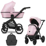 Kombikinderwagen in zwei Ansichten: links Seitenansicht, rechts Frontansicht, unten Vorderansicht eines passenden Rucksacks.