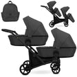 Zwillingskinderwagen-Set, Ansicht bestehend aus zwei 2-in-1 Kinderwagen in Graphit mit schwarzem Rahmen und einer Tasche.