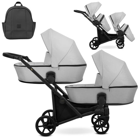 Zwillingskinderwagen-Set, Ansicht bestehend aus zwei 2-in-1 Kinderwagen in Grau mit schwarzem Rahmen sowie einer Tasche.