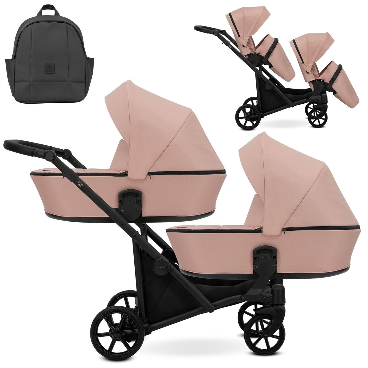 Zwillingskinderwagen-Set, Ansicht bestehend aus zwei 2-in-1 Kinderwagen in Pink mit schwarzem Rahmen und Tasche.