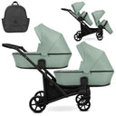 Zwillingskinderwagen-Set, Ansicht bestehend aus zwei 2-in-1 Kinderwagen in Mint mit schwarzem Rahmen und einer Tasche.