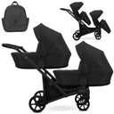 Zwillingskinderwagen-Set, Ansicht bestehend aus zwei 2-in-1 Kinderwagen in Schwarz mit schwarzem Rahmen und einer Tasche.
