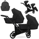 Zwillingskinderwagen-Set, Ansicht bestehend aus zwei 2-in-1 Kinderwagen in Schwarz mit schwarzem Rahmen und einer Tasche.