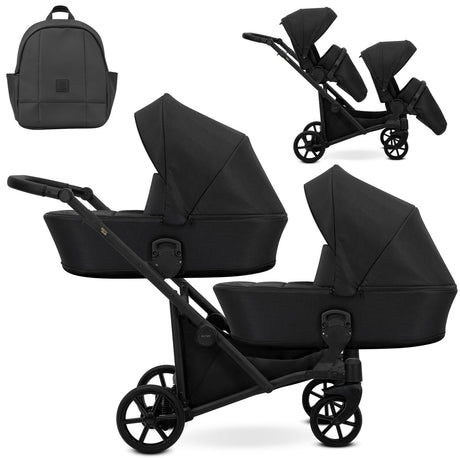 Zwillingskinderwagen-Set, Ansicht bestehend aus zwei 2-in-1 Kinderwagen in Schwarz mit schwarzem Rahmen und einer Tasche.