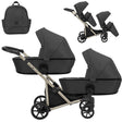 Zwillingskinderwagen-Set, Ansicht bestehend aus zwei 2-in-1 Kinderwagen in Schwarz mit schwarzem Rahmen und einer Tasche.
