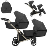 Zwillingskinderwagen-Set, Ansicht bestehend aus zwei 2-in-1 Kinderwagen in Schwarz mit schwarzem Rahmen und einer Tasche.