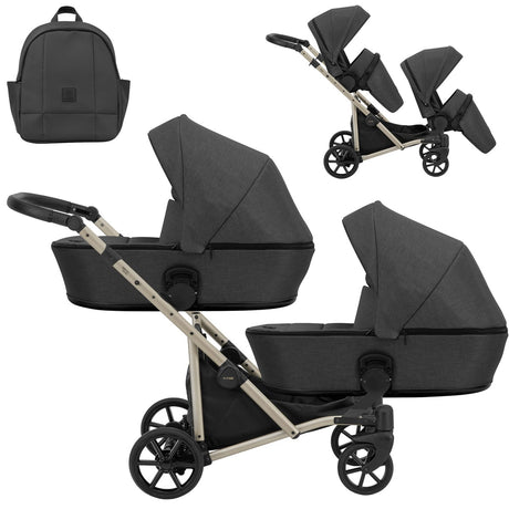Zwillingskinderwagen-Set, Ansicht bestehend aus zwei 2-in-1 Kinderwagen in Schwarz mit schwarzem Rahmen und einer Tasche.