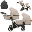 Zwillingskinderwagen-Set, Ansicht bestehend aus zwei 2-in-1 Kinderwagen in Creme mit schwarzem Rahmen und einer Tasche.