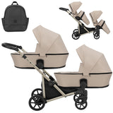 Zwillingskinderwagen-Set, Ansicht bestehend aus zwei 2-in-1 Kinderwagen in Creme mit schwarzem Rahmen und einer Tasche.