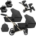 Zwillingskinderwagen-Set, Ansicht bestehend aus zwei 3-in-1 Kinderwagen in Dunkelgrau mit schwarzem Rahmen sowie einer Tasche und 2x Kinderautositz.