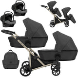 Zwillingskinderwagen-Set, Ansicht bestehend aus zwei 3-in-1 Kinderwagen in Dunkelgrau mit schwarzem Rahmen sowie einer Tasche und 2x Kinderautositz.