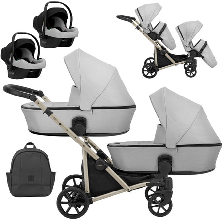 Zwillingskinderwagen-Set, Ansicht bestehend aus zwei 3-in-1 Kinderwagen in Silber mit schwarzem Rahmen sowie einer Tasche und 2x Kinderautositz.