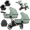 Zwillingskinderwagen-Set, Ansicht bestehend aus zwei 3-in-1 Kinderwagen in Mint mit schwarzem Rahmen sowie einer Tasche und 2x Kinderautositz.
