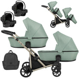 Zwillingskinderwagen-Set, Ansicht bestehend aus zwei 3-in-1 Kinderwagen in Mint mit schwarzem Rahmen sowie einer Tasche und 2x Kinderautositz.