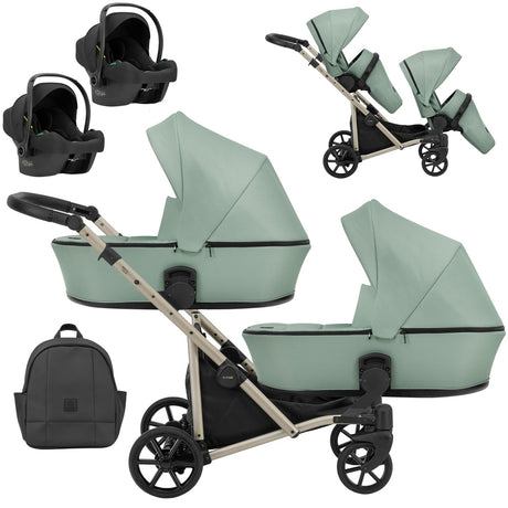 Zwillingskinderwagen-Set, Ansicht bestehend aus zwei 3-in-1 Kinderwagen in Mint mit schwarzem Rahmen sowie einer Tasche und 2x Kinderautositz.
