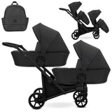 Zwillingskinderwagen-Set, Ansicht bestehend aus zwei 2-in-1 Kinderwagen in Schwarz mit schwarzem Rahmen und einer Tasche.