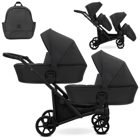 Zwillingskinderwagen-Set, Ansicht bestehend aus zwei 2-in-1 Kinderwagen in Schwarz mit schwarzem Rahmen und einer Tasche.