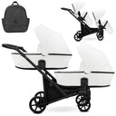 Zwillingskinderwagen-Set, Ansicht bestehend aus zwei 2-in-1 Kinderwagen in Weiß mit schwarzem Rahmen und einer Tasche.