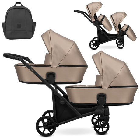 Zwillingskinderwagen-Set, Ansicht bestehend aus zwei 2-in-1 Kinderwagen in Braun mit schwarzem Rahmen und einer Tasche.