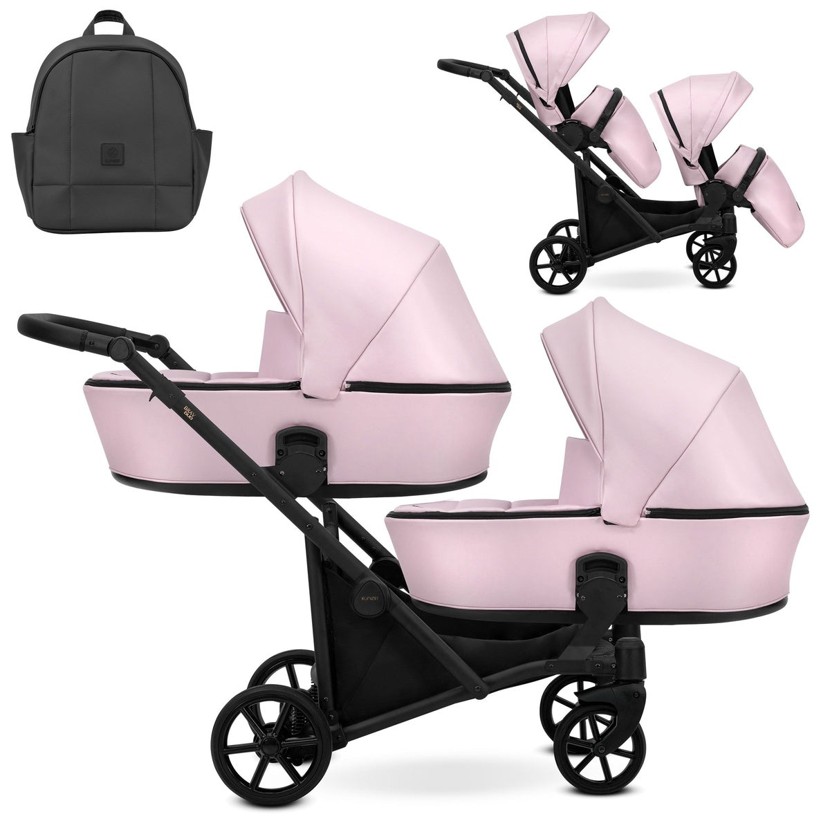 Zwillingskinderwagen-Set, Ansicht bestehend aus zwei 2-in-1 Kinderwagen in Pink mit schwarzem Rahmen und einer Tasche.