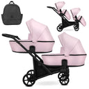 Zwillingskinderwagen-Set, Ansicht bestehend aus zwei 2-in-1 Kinderwagen in Pink mit schwarzem Rahmen und einer Tasche.