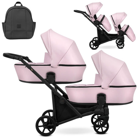 Zwillingskinderwagen-Set, Ansicht bestehend aus zwei 2-in-1 Kinderwagen in Pink mit schwarzem Rahmen und einer Tasche.