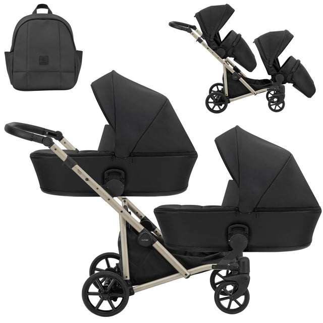 Zwillingskinderwagen-Set, Ansicht bestehend aus zwei 2-in-1 Kinderwagen in Schwarz mit schwarzem Rahmen und einer Tasche.