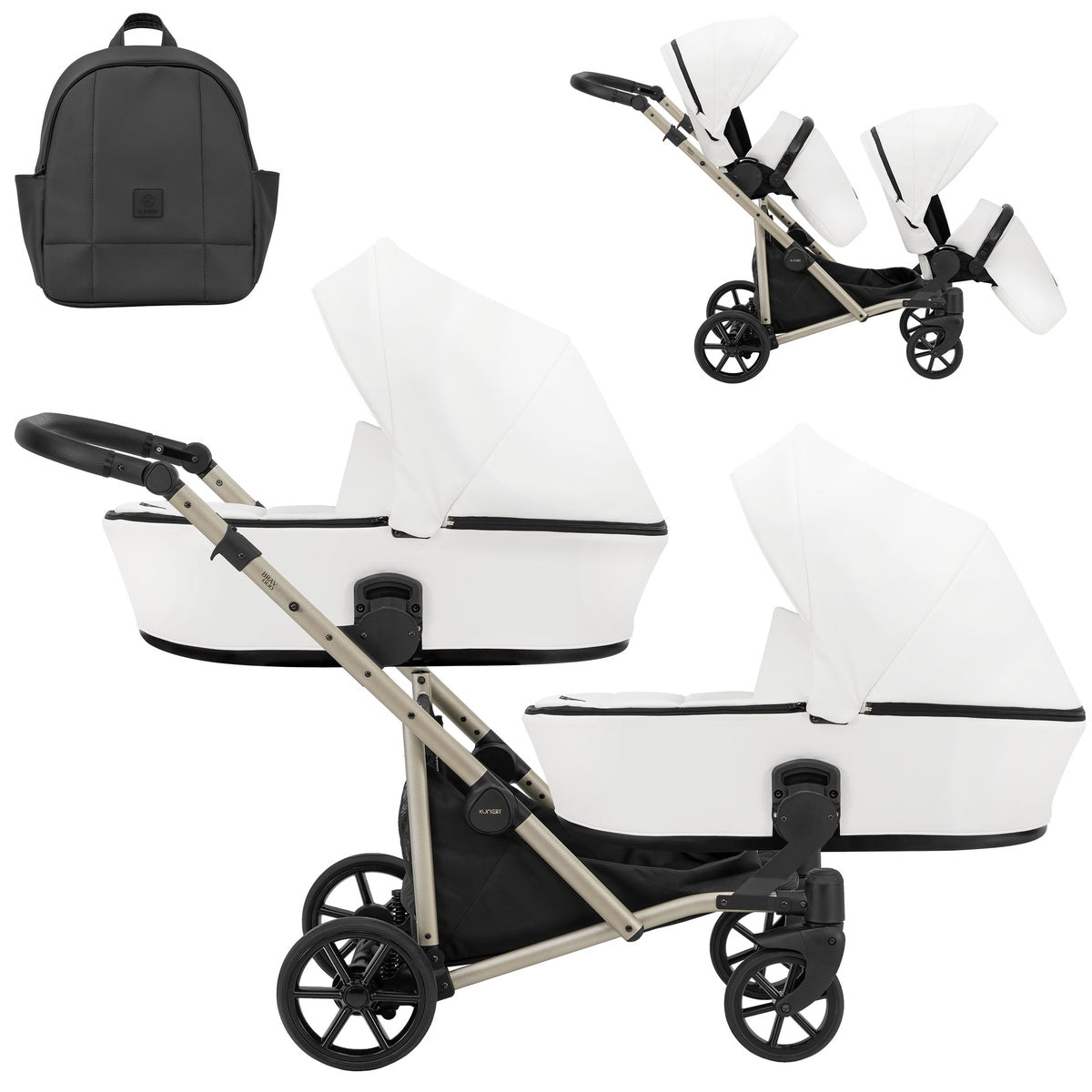 Zwillingskinderwagen-Set, Ansicht bestehend aus zwei 2-in-1 Kinderwagen in Weiß mit schwarzem Rahmen und einer Tasche.