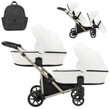 Zwillingskinderwagen-Set, Ansicht bestehend aus zwei 2-in-1 Kinderwagen in Weiß mit schwarzem Rahmen und einer Tasche.
