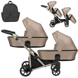 Zwillingskinderwagen-Set, Ansicht bestehend aus zwei 2-in-1 Kinderwagen in Braun mit schwarzem Rahmen und einer Tasche.