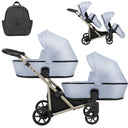Zwillingskinderwagen-Set, Ansicht bestehend aus zwei 2-in-1 Kinderwagen in Blau mit schwarzem Rahmen und einer Tasche.