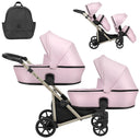 Zwillingskinderwagen-Set, Ansicht bestehend aus zwei 2-in-1 Kinderwagen in Pink mit schwarzem Rahmen und einer Tasche.