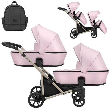 Zwillingskinderwagen-Set, Ansicht bestehend aus zwei 2-in-1 Kinderwagen in Pink mit schwarzem Rahmen und einer Tasche.