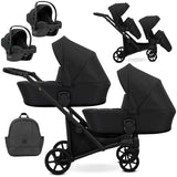 Zwillingskinderwagen-Set, Ansicht bestehend aus zwei 3-in-1 Kinderwagen in Schwarz mit schwarzem Rahmen und einer Tasche sowie 2x Kinderautositze.