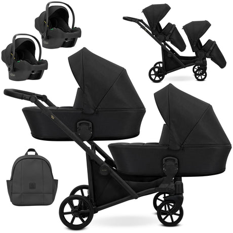 Zwillingskinderwagen-Set, Ansicht bestehend aus zwei 3-in-1 Kinderwagen in Schwarz mit schwarzem Rahmen und einer Tasche sowie 2x Kinderautositze.