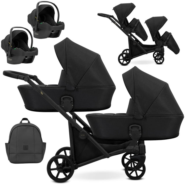 Zwillingskinderwagen-Set, Ansicht bestehend aus zwei 3-in-1 Kinderwagen in Schwarz mit schwarzem Rahmen und einer Tasche sowie 2x Kinderautositze.