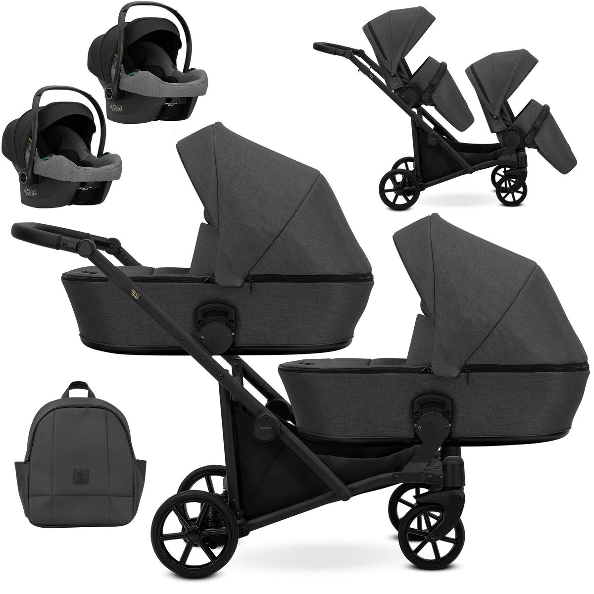 Zwillingskinderwagen-Set, Ansicht bestehend aus zwei 3-in-1 Kinderwagen in Graphit mit schwarzem Rahmen, einer Tasche und zwei Kinderautositzen.