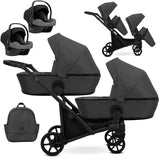 Zwillingskinderwagen-Set, Ansicht bestehend aus zwei 3-in-1 Kinderwagen in Graphit mit schwarzem Rahmen, einer Tasche und zwei Kinderautositzen.