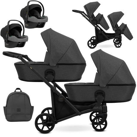 Zwillingskinderwagen-Set, Ansicht bestehend aus zwei 3-in-1 Kinderwagen in Graphit mit schwarzem Rahmen, einer Tasche und zwei Kinderautositzen.