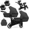 Zwillingskinderwagen-Set, Ansicht bestehend aus zwei 3-in-1 Kinderwagen in Graphit mit schwarzem Rahmen, einer Tasche und zwei Kinderautositzen.